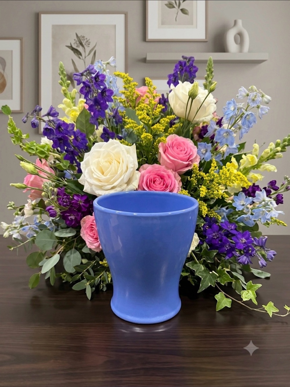 Edible Arrangements Opaque Blue Tapered Porcelain Display Vase For Flowers